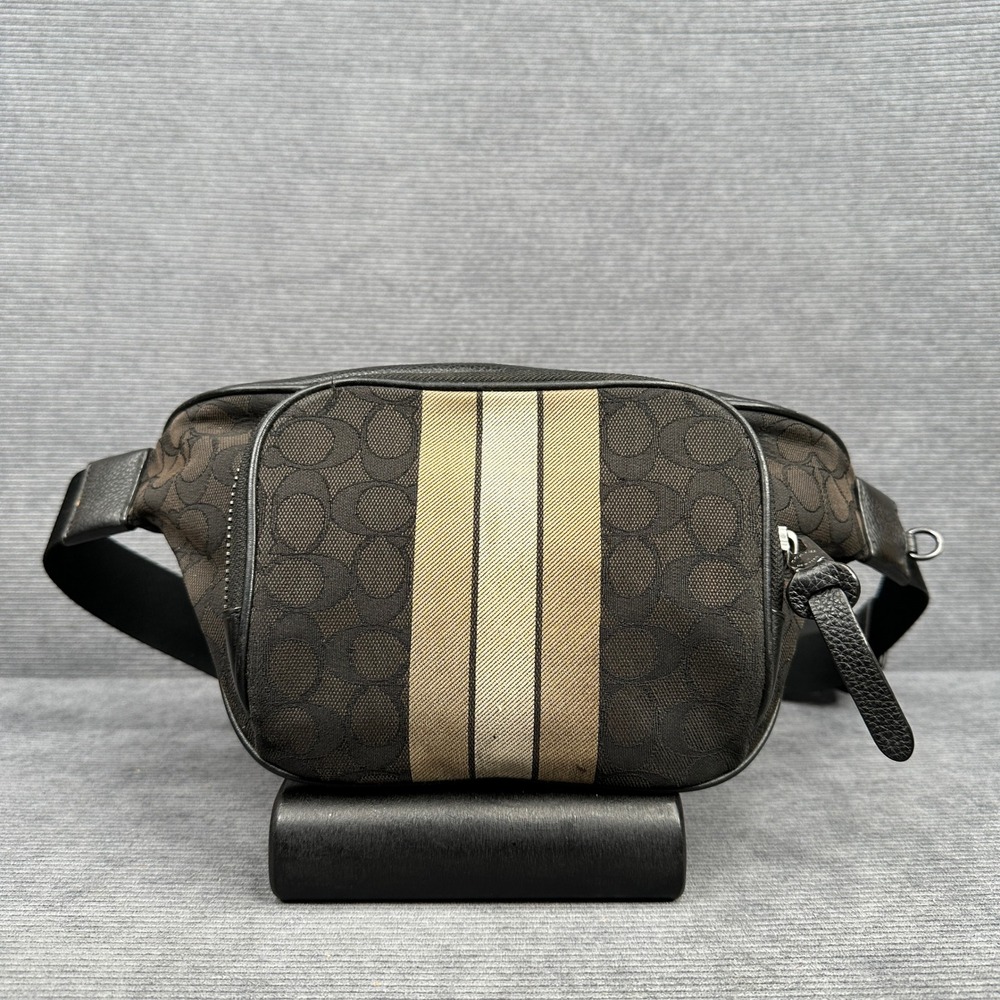 Vtg Coach Signature Canvas Leather Belt Bag Waist Pack Stripe Brown Black Y2k